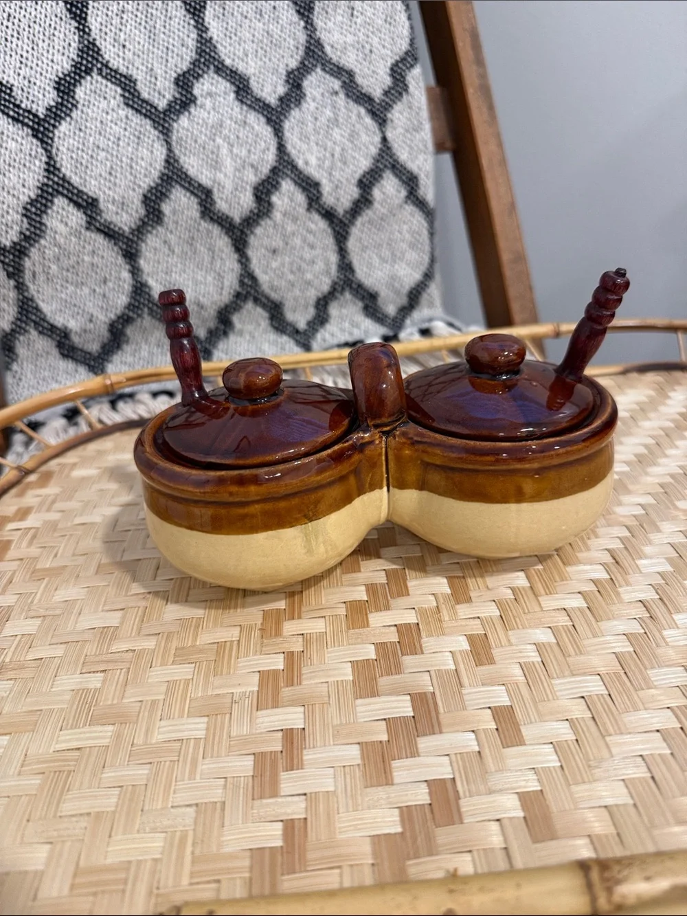 Vintage Taiwan Double Condiment Jar Set Brown Stoneware Relish Jam W/ Spoons